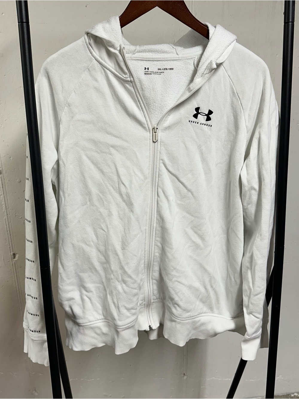 Under Armour White Fleece Hoodie with Black Logo Print